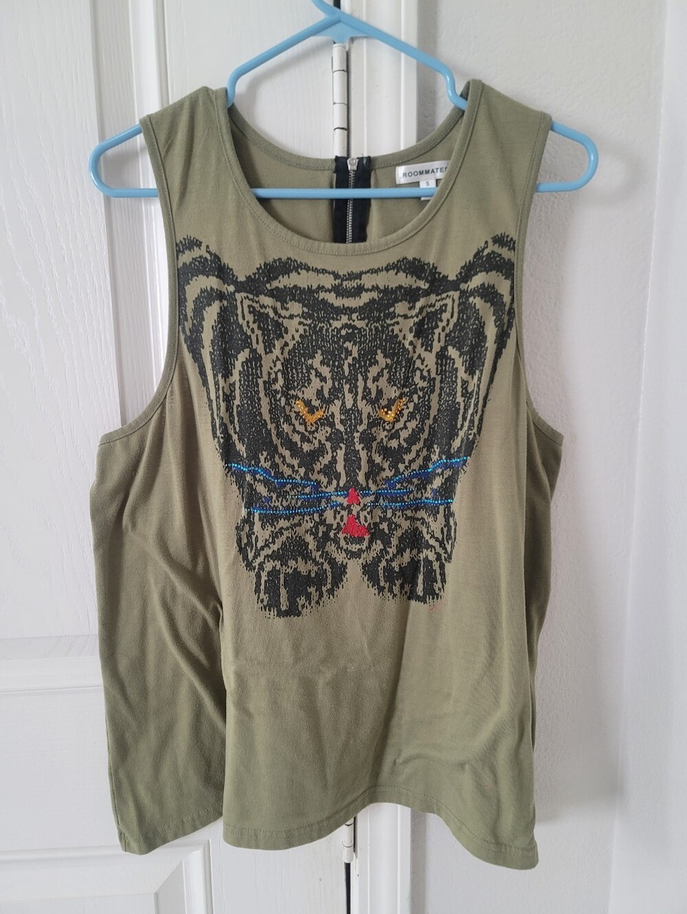Roommates Olive Green Tank with Tiger Face Graphic